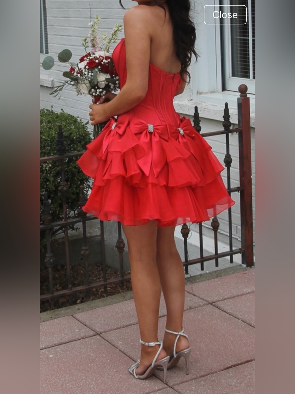 🌹 SHERRI HILL Beautiful Bold Red Drop Waist Bow Ruffle Corset Homecoming Dress - Picture 4 of 10